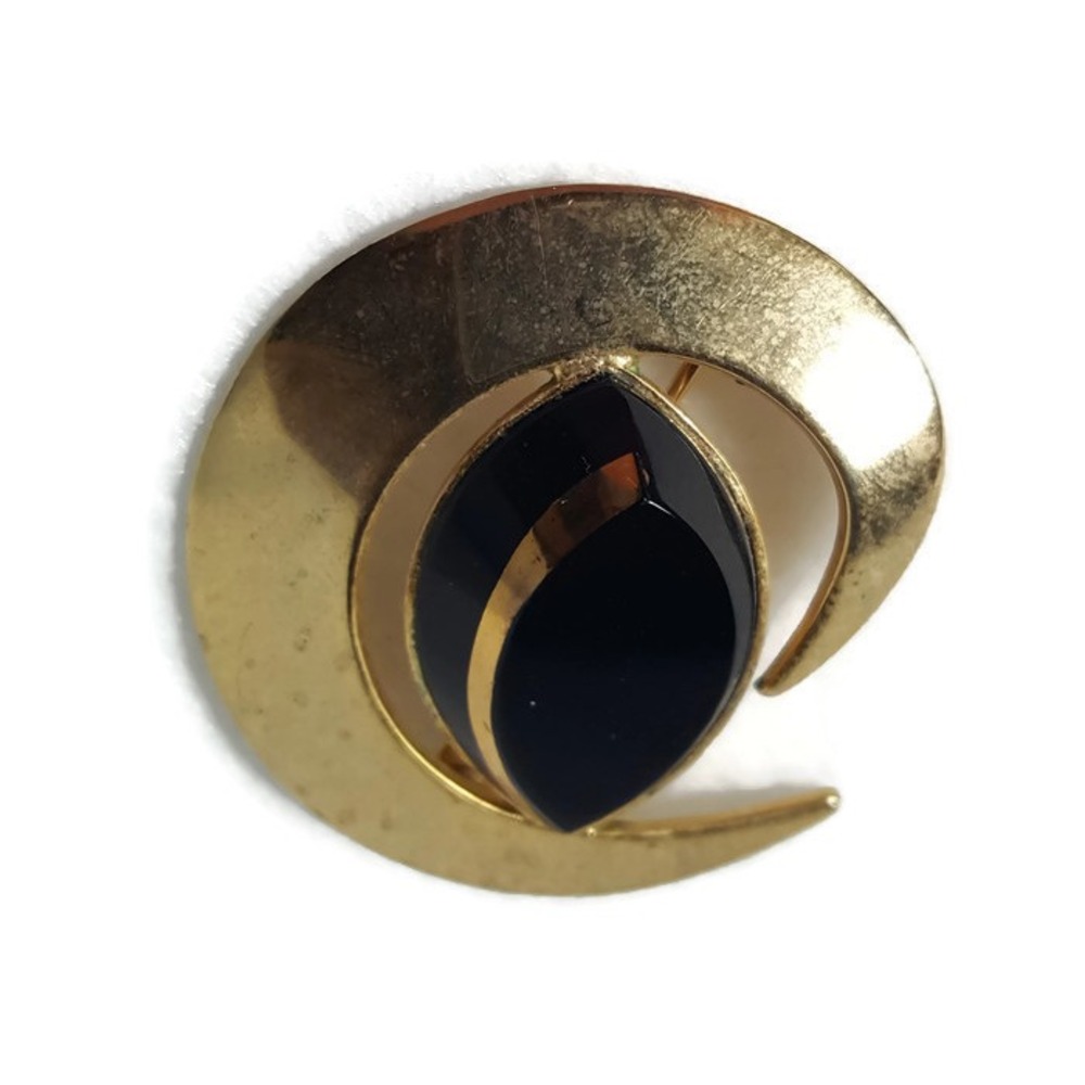 Sarah Coventry Modernist Swirl Crescent Black Acrylic Stone Vintage Brooch